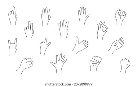 Set Of Realistic Gestures Hand Shape. Concept Of Stop, Help, Rock, Symbol V, Right Left, Animated Number One, Two, Three, Four, Five, Zero. Black Thin Line Set Of Hands Gesture.