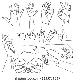 Set of realistic gestures hand shape. black ley stroke logo graphic art design isolated on white. Various gestures of human hands isolated on a white background. Hands poses.