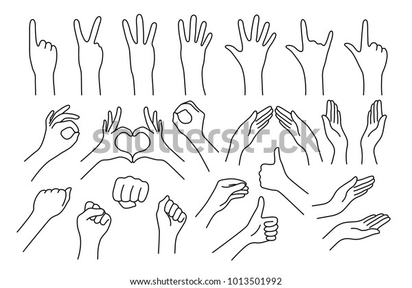 set of realistic gestures hand shape. black ley\
stroke logo graphic art design isolated on white. concept of stop,\
help, rock, symbol v, right left, animated number one, two, three,\
four, five, zero