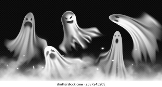 Set of realistic ghosts flying in fog, spooky monsters. Mystic glittered smoke with spirit creatures, dead soul. Halloween vector illustration of scary poltergeist or phantom