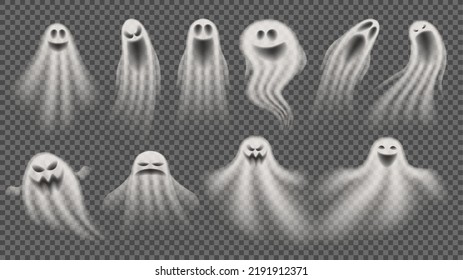 Set of realistic ghosts isolated on checkered background. Collection of transparent ghosts for halloween decoration. Vector illustration of 3d scary poltergeists or phantoms. Set of cute spirits.