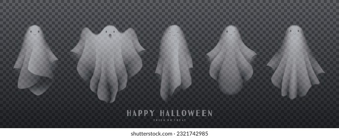 Set of realistic ghosts isolated on checkered background. Collection of transparent ghosts for halloween decoration. Vector illustration of 3d scary poltergeists or phantoms. Set of cute spirits.