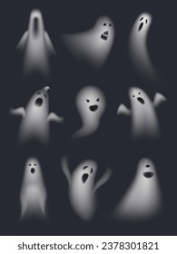 Set of realistic ghosts isolated on transparent. Vector illustration of 3d symbols of halloween. Halloween spooky monsters