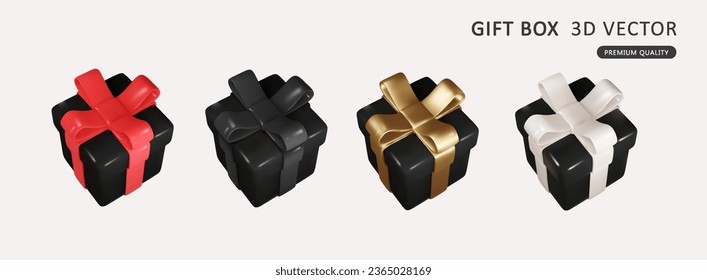 Set von realistischen Geschenkbox in Schwarz Freitag Farben. 3D-Hochglanzkästen, mit Highlights, werden isoliert für auffallende visuelle Wirkung. Perfekt für Ihre Black Friday Angebote.