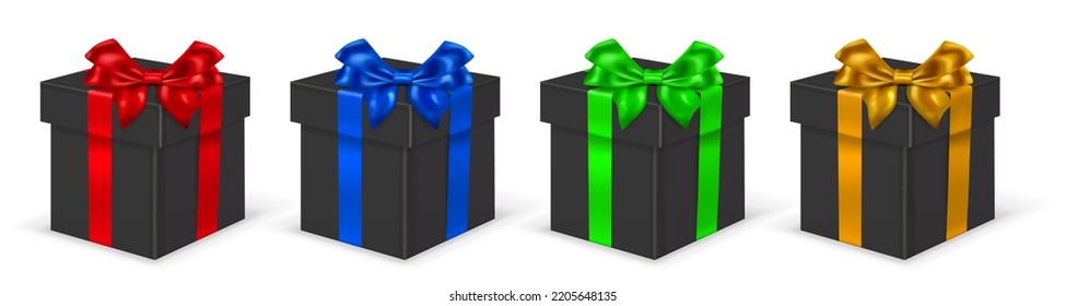 Set of realistic gift boxes with colored ribbons and bows, with shadows on white background