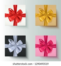 Set of realistic gift boxes with decorative bows in various colors, vector illustration