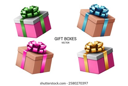 set of realistic gift boxes isolated on the white background. ribbon bow modern gift boxes collection. vector illustration design element.