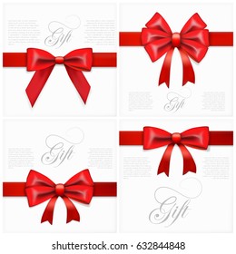Set Of Realistic Gift Card With Red Bow And Ribbon Template. EPS10 Vector