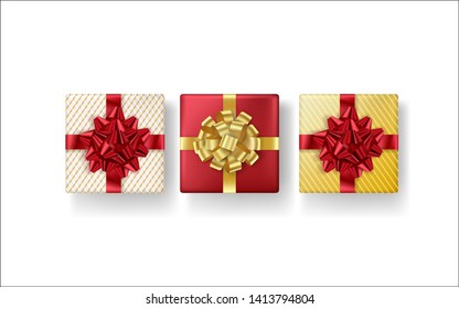 Set of realistic gifts box with red and golden bow on white background. Vector illustration. Top view.