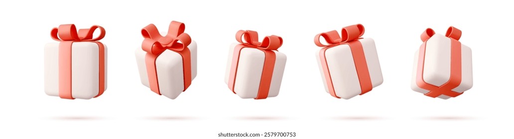 Set of Realistic gifts boxes isolated on a white background. five gift boxes with bows and ribbons. Holiday decoration presents. Festive gift surprise. 3d rendering. Vector illustration