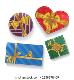 Un conjunto de regalos realistas en diferentes formas atados con cintas doradas