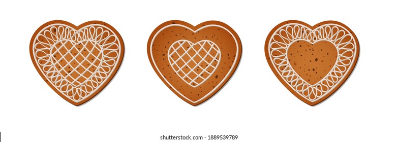 A set of realistic gingerbread cookies in the shape of a heart. Flavorful pastries with white icing. Isolated vector objects on a white background. For Wedding design, Valentine's Day, Mother's Day.