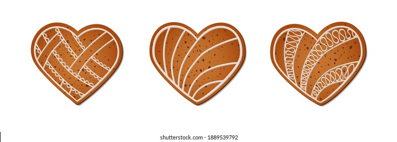A set of realistic gingerbread cookies in the shape of a heart. Flavorful pastries with white icing. Isolated vector objects on a white background. For Wedding design, Valentine's Day, Mother's Day.