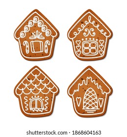 A set of realistic gingerbread houses. Delicious winter pastries. Isolated vector objects on a white background. New year and Christmas decor.