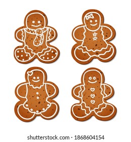 A set of realistic gingerbread men. Delicious winter pastries. Isolated vector objects on a white background. New year and Christmas decor.