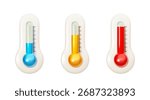 Set of realistic glass 3d thermometer icons. Blue, yellow and red thermometers with different levels cold and hot temperature isolated on white background. Weather forecast. Vector illustration