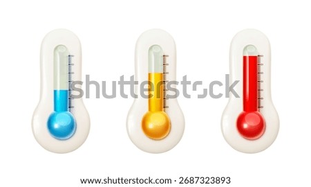Set of realistic glass 3d thermometer icons. Blue, yellow and red thermometers with different levels cold and hot temperature isolated on white background. Weather forecast. Vector illustration