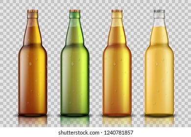 Set of Realistic glass beer bottle with liquid isolated on transparent background. blank beer bottle Mock up template for product package. Vector illustration.