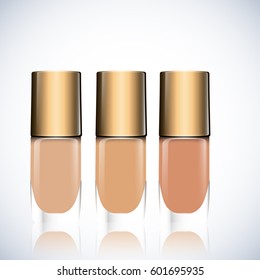 Set of Realistic Glass Bottle with Foundation, BB cream, CC cream Package Design Premium Cosmetic Ads mock up template. 3D Realistic Vector Illustration.