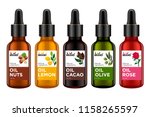 Set of realistic glass bottles with dropper and box. Cosmetic vials for oil, liquid essential, collagen serum. Label, sticker. Mock up vector illustration isolated on white background.