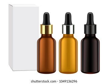 Set of realistic glass bottles with dropper and box. Cosmetic vials for oil, liquid essential, collagen serum. Mock up vector illustration isolated on white background.