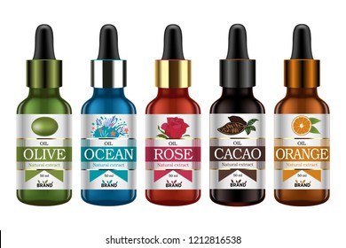Set of realistic glass bottles with dropper. Cosmetic vials for oil, liquid essential, collagen serum. Label, sticker. Mock up vector illustration isolated on white background.