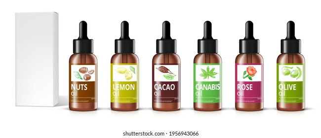 Set Of Realistic Glass Bottles With Dropper And Box. Nuts, Lemon, Cacao, Canabis, Rose, Olive Oils. EPS10 Vector