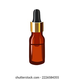 Set of realistic glass bottles with dropper. Cosmetic vials for oil, liquid essential, collagen serum. Mock up vector illustration isolated on white background. Brown, beige, black and gold colors.