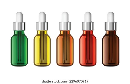 Set of realistic glass bottles with dropper. Cosmetic vials for oil, liquid essential, collagen serum. Mock up vector illustration isolated on white background.