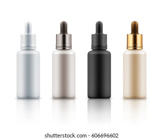 Set of realistic glass bottles with dropper. Cosmetic flask or vials for organic aroma oil, anti-aging essential, collagen serum for beauty. Mock up vector flacons illustration isolated on white