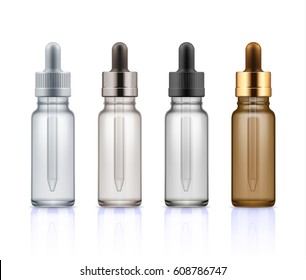 Set of realistic glass bottles with dropper. Cosmetic vials for oil, liquid essential, collagen serum. Mock up vector illustration isolated on white background. Brown, beige, black and gold colors.