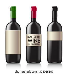 Set realistic glass bottles for wine. Patterns of black empty bottles with a sample of your design. Vector illustration.