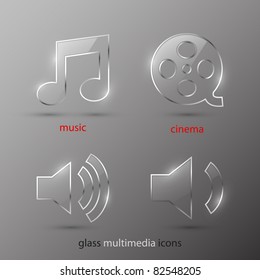 Set of realistic glass multimedia icons. Vector.
