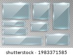 Set of realistic glass nameplates isolated on checkered background. Transparent panel plates or frames for placing name. 3d vector illustration