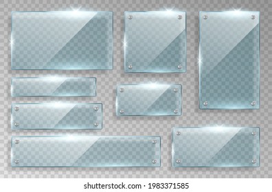 Set of realistic glass nameplates isolated on checkered background. Transparent panel plates or frames for placing name. 3d vector illustration svg