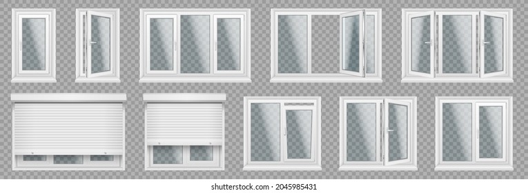 Set of realistic glass transparent plastic windows with window sills, sashes. White home, office windows, with different sections, roller blind, handle for adjustment. Vector illustration.