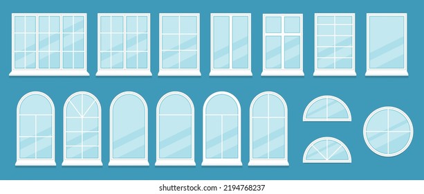 Set of realistic glass transparent plastic windows with window sills, sashes. White home, office windows, with one, two, three, five sections, roller blind, handle for adjustment. Vector 