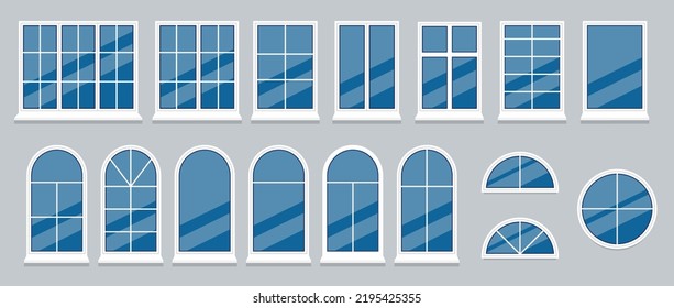 Set of realistic glass transparent plastic windows with window sills, sashes. White home, office windows, with one, two, three, five sections, roller blind, handle for adjustment. Vector il