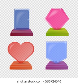Set realistic glass trophy awards. Colorful illustration isolated for transparency background. Graphic concept for your design. Shield, heart, rectangle, hexagon.