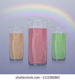 Set of realistic glasses filled with juice on light background, clear glass with juice with water droplets, vector illustration
