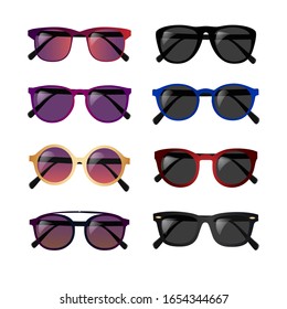 Set of realistic glasses, gradient and plain lenses, bright frames, vector illustration on a white background