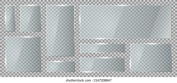 Set of realistic glasses. Transparent glass plates. Window mockup.Vector illustration
