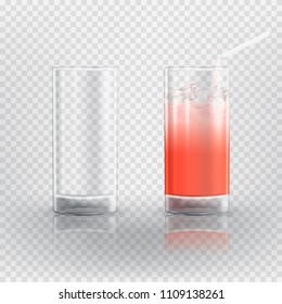 Set of realistic glasses. Vector illustration with 3d transparent empty glass and with juice.