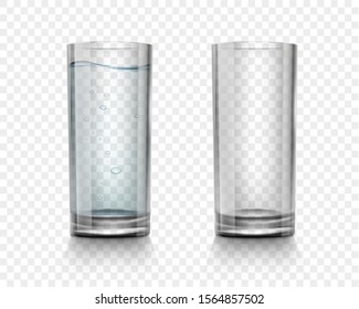 Set of realistic glasses with water and empty. Isolated on a transparent background. Vector illustration