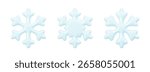 Set of realistic glossy 3d snowflake icons. Blue plastic snowflakes isolated on white background. Decoration design element for weather forecast, winter sale banner, greeting card. Vector illustration
