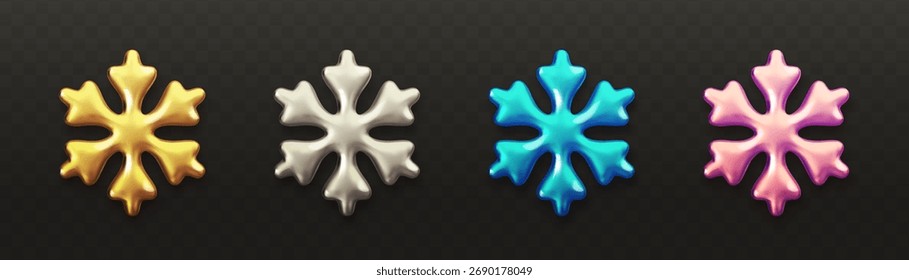 Satz realistischer glänzender 3D-Schneeflocken-Symbole. Goldene, chrome, silberne, blaue und rosa Schneeflocken einzeln auf schwarzem Hintergrund. Gestaltungselement für Neujahr- und Weihnachtsfeiern. Vektorgrafik