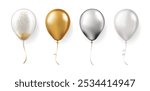 Set of realistic glossy air balloons isolated. Vector gold, silver, metallic, transparent with confetti and white festive 3d helium balloons