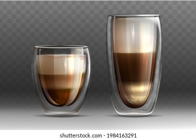 Set of realistic glossy glass cups with double wall full of hot cappuccino or latte. Coffee drinks with milk and foam isolated on transparent background. Template for branding or product design.