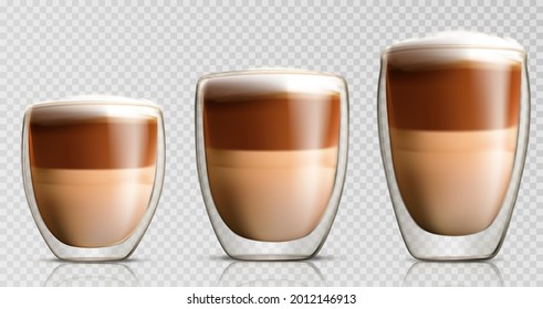 Set of realistic glossy glass cups with double wall full of hot cappuccino or latte.