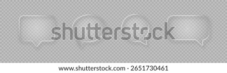 Set of realistic glossy glass speech bubbles in liquid glass style isolated on light background. Vector 3d illustration.